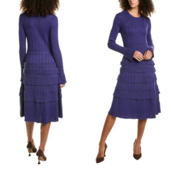 Rachel Parcell | Rib Midi Dress With Pointelle Ruffles in Blue Size XS New - Picture 5 of 7